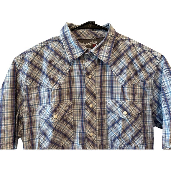 Wrangler‎ 20X Plaid Snap Button Short Sleeve Western Shirt Men's Medium Blue - Picture 4 of 7